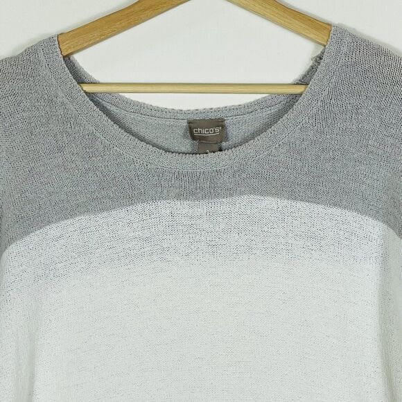 Chico's White Grey Purple Stripe 3/4 Sleeve‎ Nubby Knit Sweater Womens 1 Medium - Picture 2 of 7